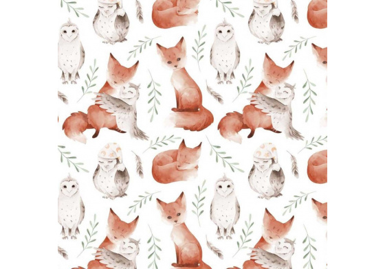 Bavlněné látky, metráž. Veverka a Sova na Bílém