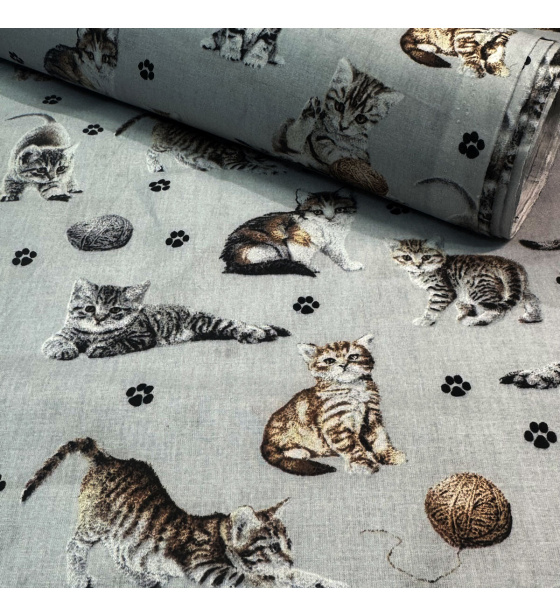 Bavlněná látka, metráž. Kočky a klubko na Sv.Šedém