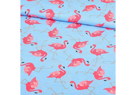 Bavlněné látky, metráž. Plameňák na Modrém