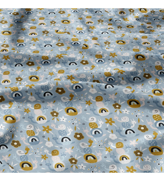 Bavlněná látka, metráž. Hlemýždi Hnědé na Modrém