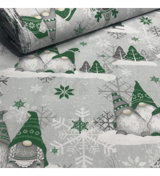 Vánoční bavlněná látka, metráž, šíře 160 cm, Skřítci Zelené na Šedém