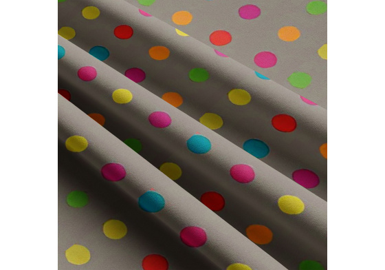 Dětské bavlněné látky, metráž. Puntík 40 mm, Multi na Šedém