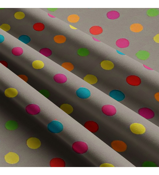 Dětské bavlněné látky, metráž. Puntík 40 mm, Multi na Šedém