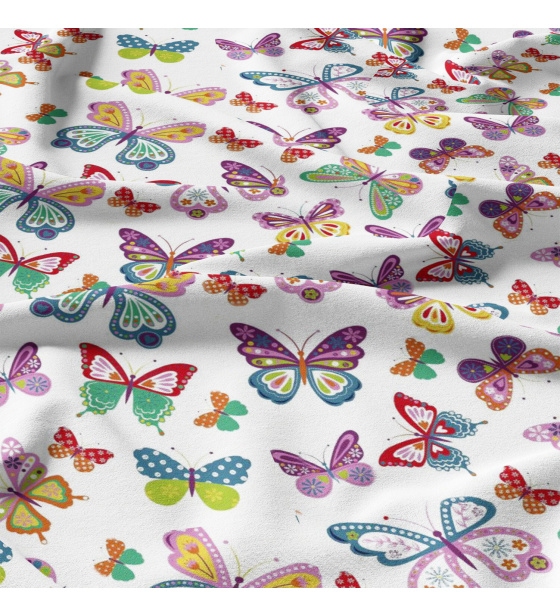 Bavlněné látky, metráž. Motýlci barevné na bílém
