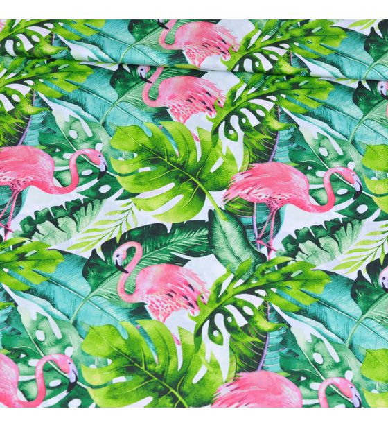 Dekorační dětská bavlněná látka vzor Plameńáci na listech