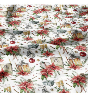 Vánoční bavlněná látka, metráž, šíře 160 cm, Lampa a Skleničky