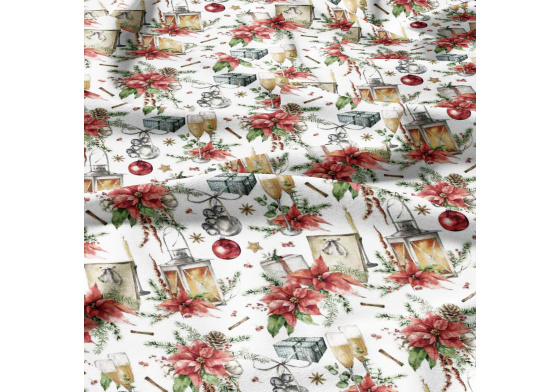 Vánoční bavlněná látka, metráž, šíře 160 cm, Lampa a Skleničky