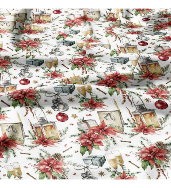 Vánoční bavlněná látka, metráž, šíře 160 cm, Lampa a Skleničky