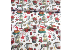 Vánoční bavlněná látka, metráž, šíře 160 cm, Vánoční motiv na Bílém Vánoční bavlněná látka, metráž, šíře 160 cm, Vánoční motiv na Bílém