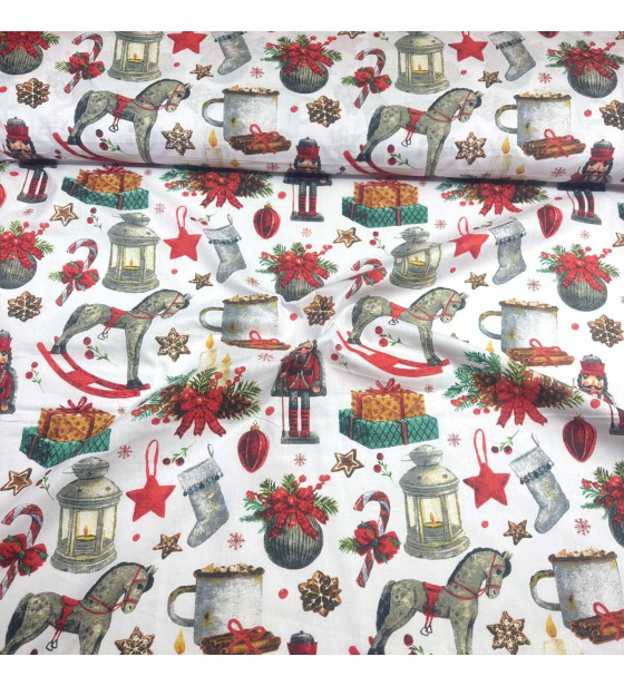 Vánoční bavlněná látka, metráž, šíře 160 cm, Vánoční motiv na Bílém