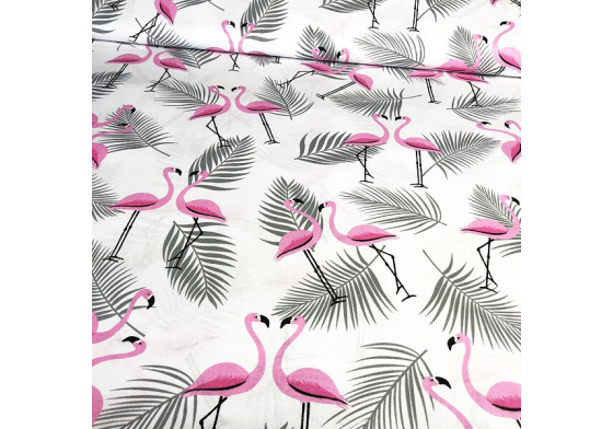 Bavlněná látka, metráž. Plameňák listy Šedé