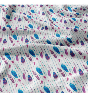 Dekorační bavlněná látka, metráž, Pírka Tyrkysová a Amarantová