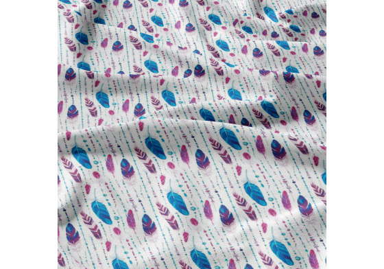 Dekorační bavlněná látka, metráž, Pírka Tyrkysová a Amarantová