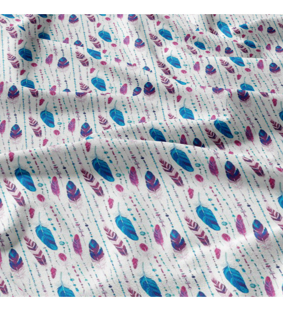 Dekorační bavlněná látka, metráž, Pírka Tyrkysová a Amarantová