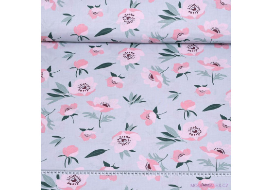 Dekorační dětská bavlněná látka vzor Divoký mák šedé  na šedém