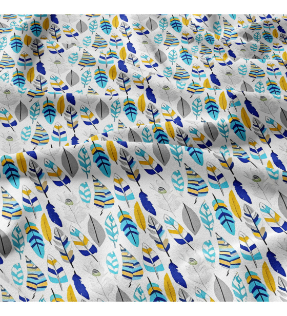 Dekorační bavlněná látka, metráž, Pírka Modrá na Bílém