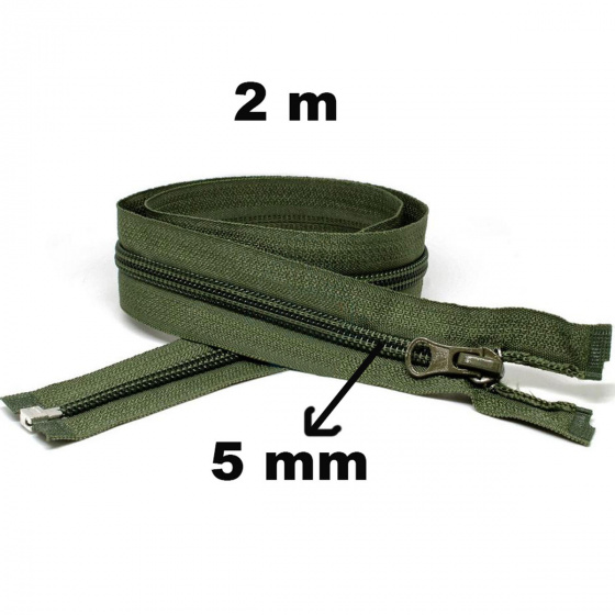 Zip spirálový Dělitelný Khaki 5 mm délka 200 cm