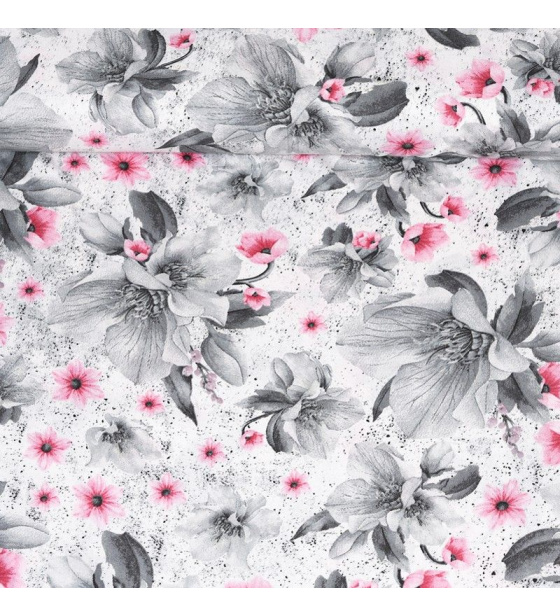 Dekorační dětská bavlněná látka vzor kytičky šedé na bílém