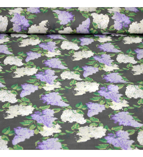 Dekorační dětská bavlněná látka vzor Větve šeříká šedé  na šedém